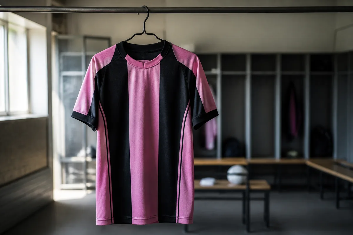 Maillot de football rose et noir suspendu à un cintre dans un vestiaire