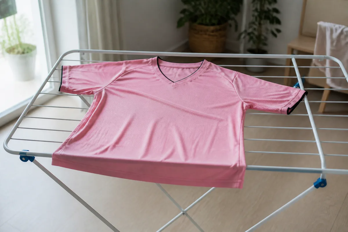 Maillot de football rose étendu à plat sur une étendoir dans une pièce lumineuse
