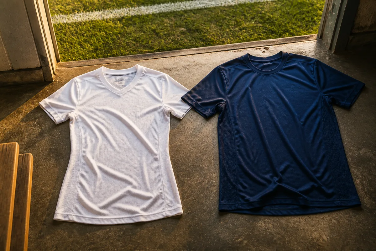 Deux maillots de football de coupes différentes posés à plat côte à côte