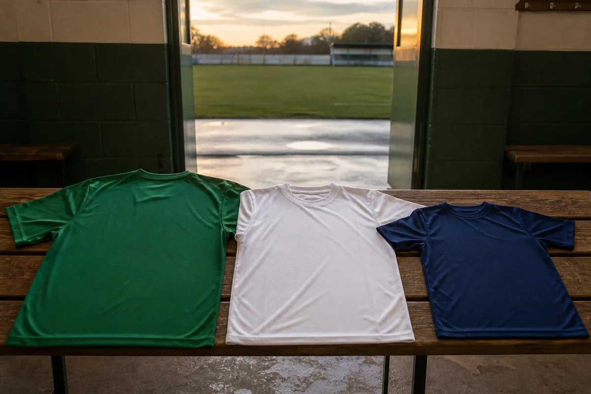 Personne ajustant le bas d&rsquo;un maillot de football devant un miroir