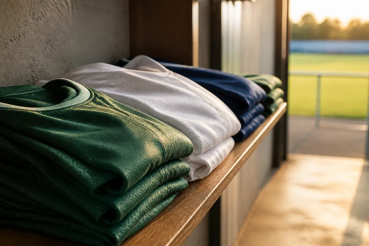 Plusieurs maillots de football pliés et empilés sur une étagère en bois