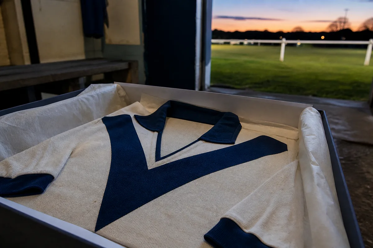 Maillot de football ancien rangé à plat dans une boîte de conservation