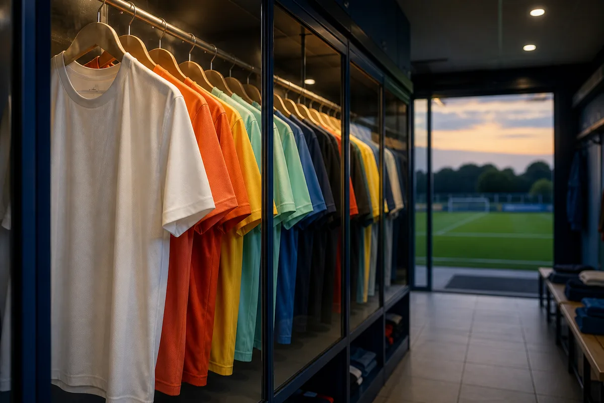 Rangée de maillots de football de couleurs différentes suspendus dans une vitrine