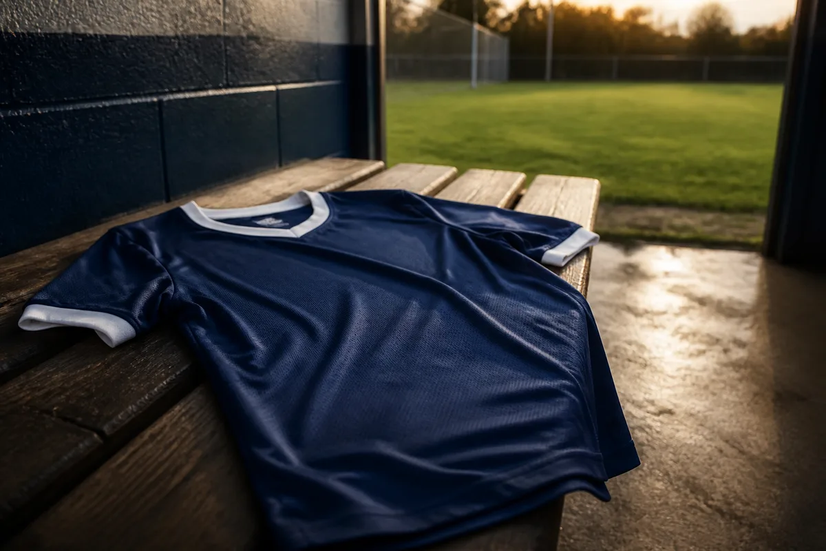 Maillot de football aux couleurs domicile posé à plat sur un banc de vestiaire