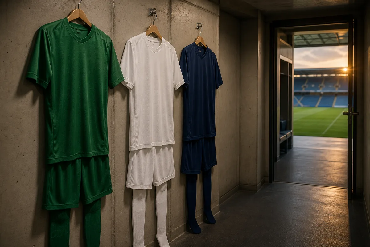 Trois jeux de maillots de football alignés sur des cintres dans un couloir de stade