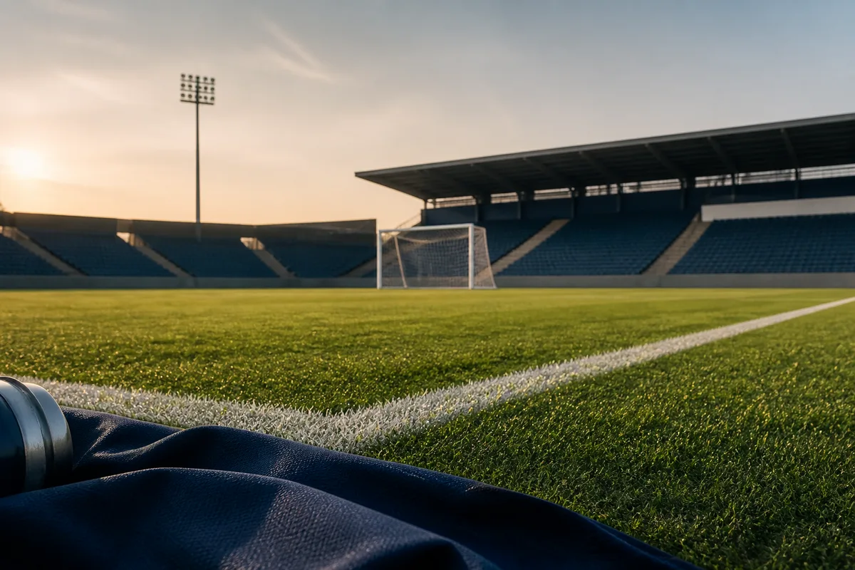 Maillot de football posé à plat sur une table en bois, col et empiècements d'épaule visibles en lumière rasante
