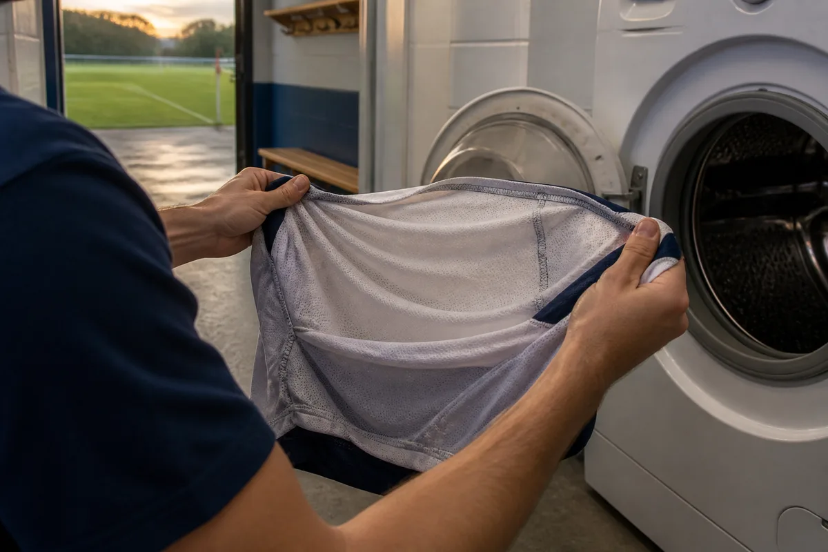 Maillot de football retourné sur l&rsquo;envers avant d&rsquo;être placé dans une machine à laver