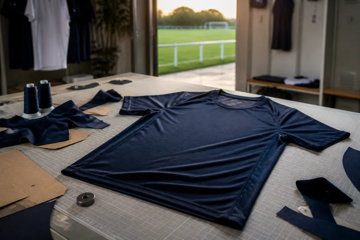 Écran d&rsquo;ordinateur affichant la maquette numérique d&rsquo;un maillot de football en cours de dessin