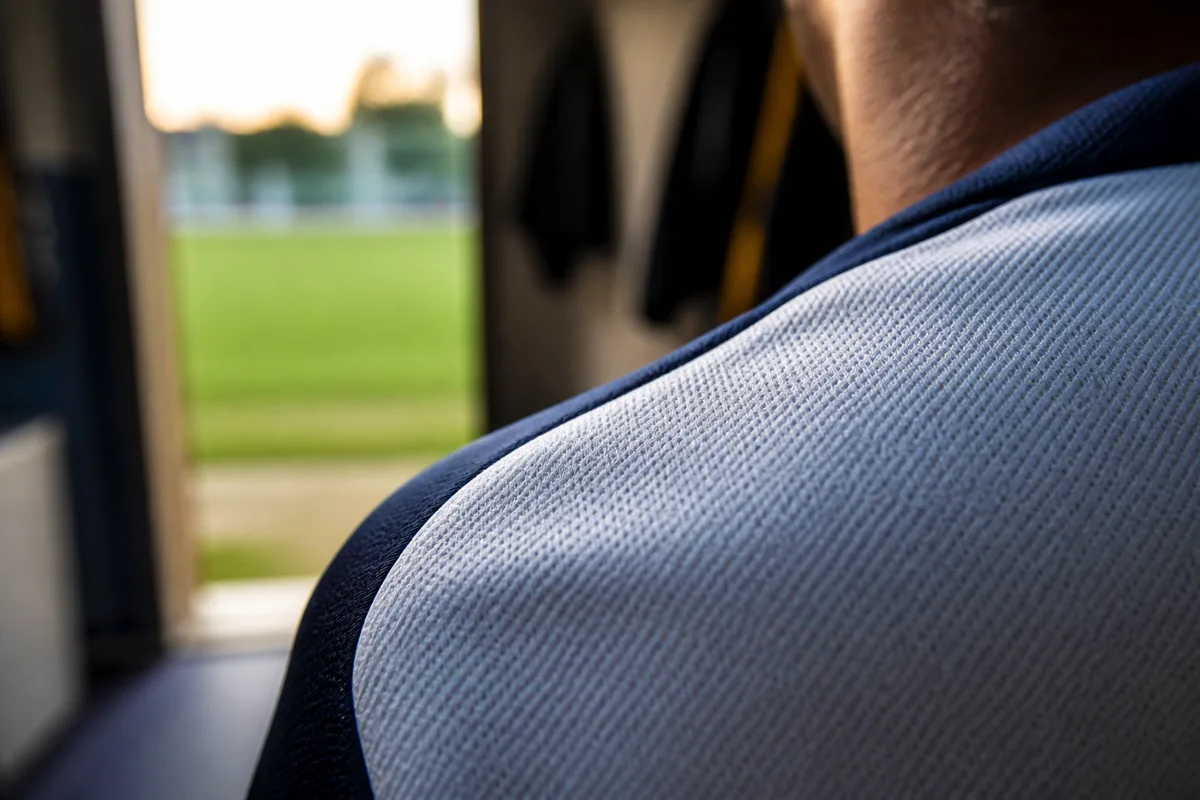 Détail rapproché d&rsquo;une maille de maillot de football tendue sur une épaule