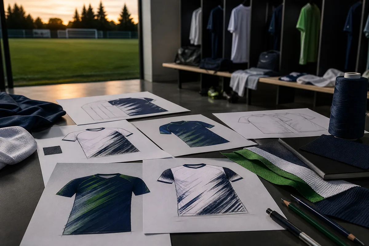Planches de dessin de maillots de football étalées sur une table de studio