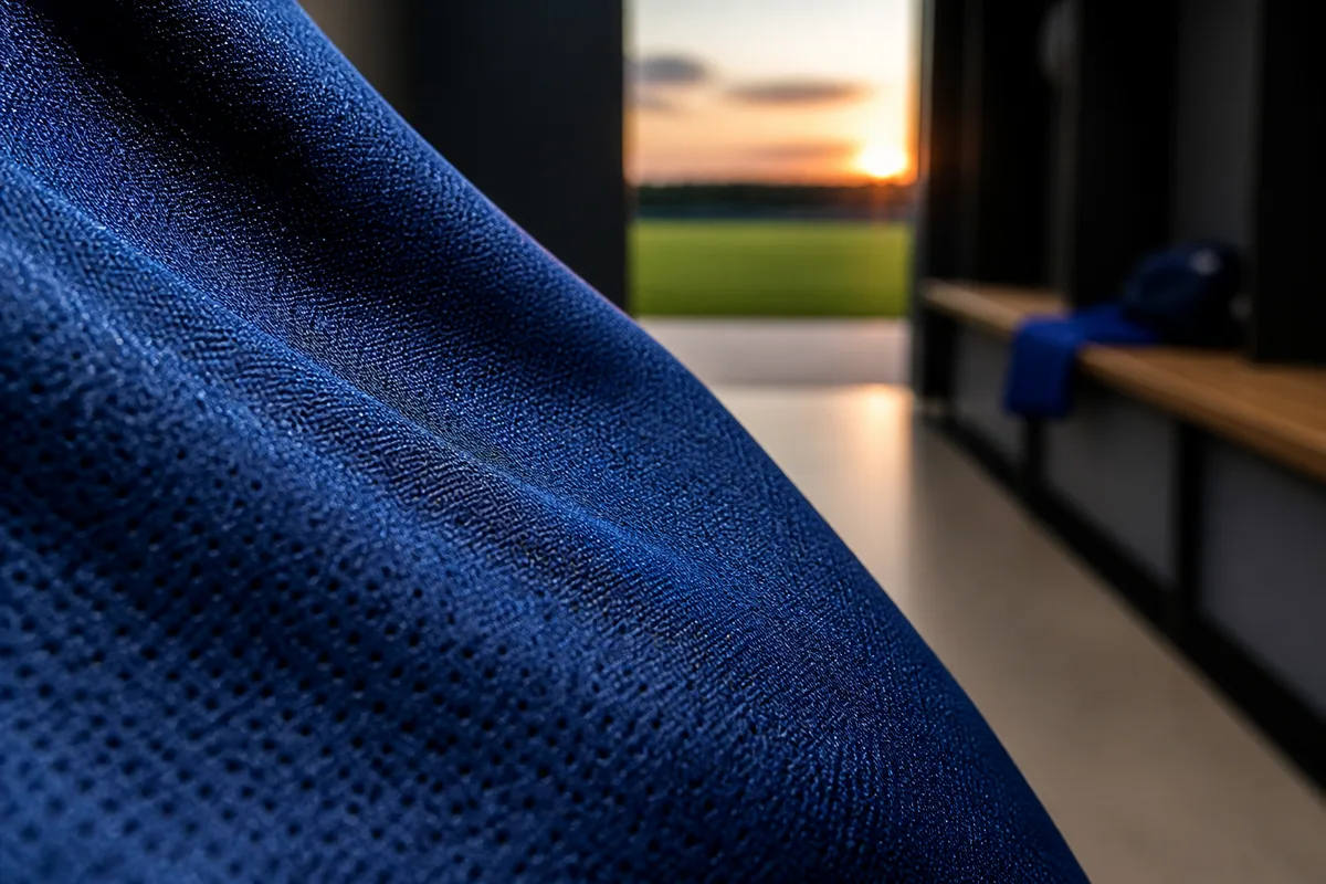 Détail d&rsquo;une maille technique ajourée sur un maillot de football tendu